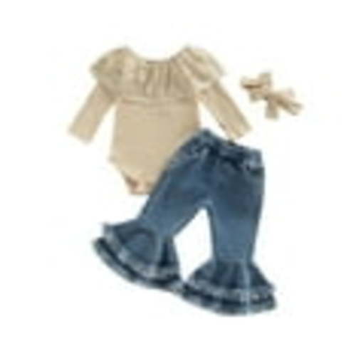 Newborn Baby Girl Clothes Infant Rib Frill Long Sleeve Romper Flared Pants Headband Set 3pcs Fall Winter Outfits