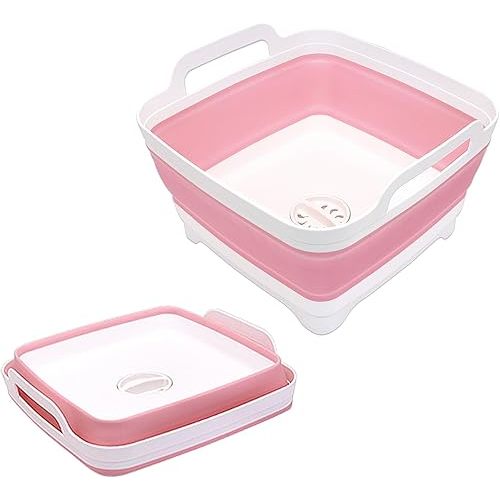 2.4 Gal(9L) Collapsible Dish Basin with Drain Plug, Space Saving Outdoor Multiuse Foldable Sink Tub, Dishpan, Kitchen Storage Tray for Camping, Vegetable Washing, RV (Pink)