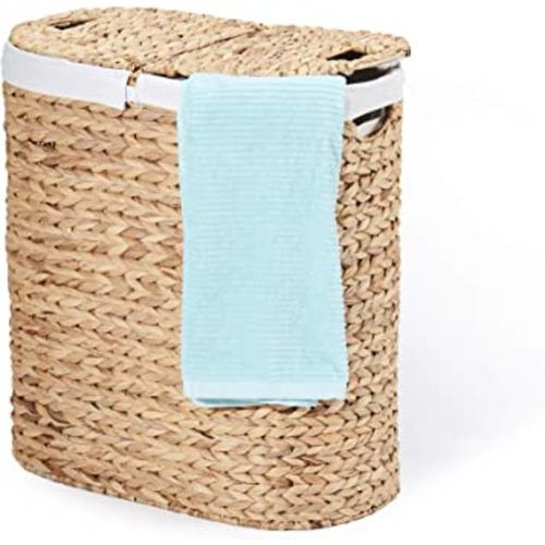 Seville Classics Premium Natural Handwoven Portable Laundry Bin Basket with Carrying Handles, Household Storage for Clothes, Linens, Sheets, Toys, Water Hyacinth, Oval Hamper