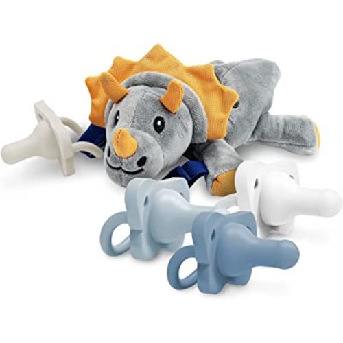 Dr. Brown’s HappyPaci 100% Silicone Baby Pacifier 0-6m, BPA Free 4-Pack with Lovey Soft Plush Animal Teether Holder, Triceratops