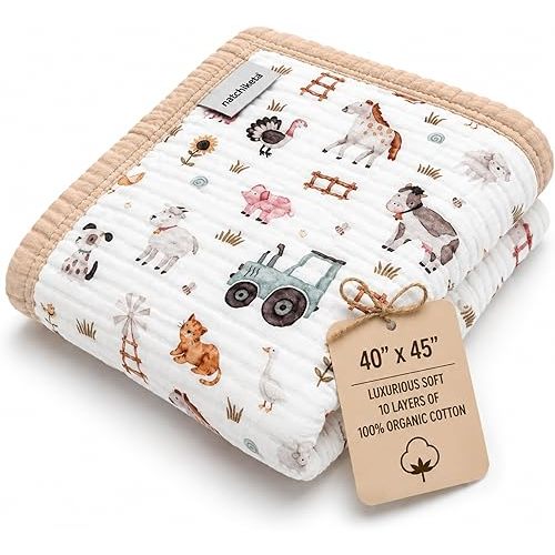 Organic Cotton Muslin Baby Blanket for Boys and Girls - Luxurious Soft Toddler Quilt for Swaddling - Gender Neutral Blanket - Baby and Toddler Gift - Farm