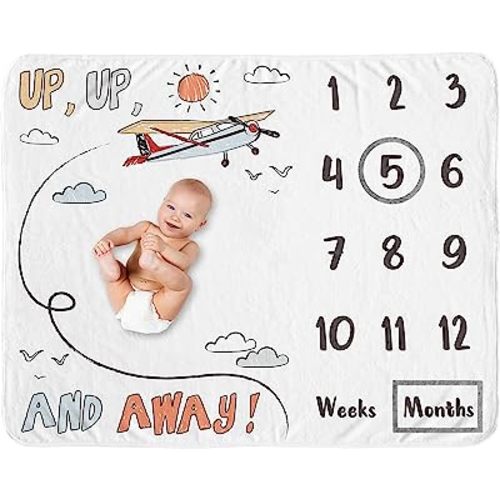 Sweet Jojo Designs Vintage Airplane Boy Milestone Blanket Monthly Newborn First Year Growth Mat Baby Shower Memory Keepsake Gift - Grey Yellow Orange Red White Blue Airplanes Transportation Cloud