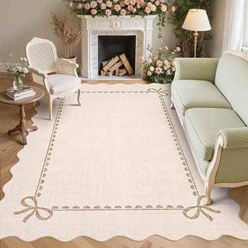 GarveeHome Scalloped Bow Rug for Living Room, Solid Beige Rug for Dorm, Washable Rugs 8x10 Soft Low Pile Non Slip Scalloped Rugs for Nursery College Bedroom Decor Kids Room Playroom