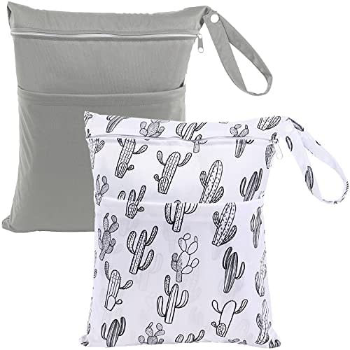 2Pcs Wet Dry Bags for Baby Cloth Diapers Washable Cactus Travel Beach Pool Yoga Gym Bag with Two Zippered Pockets for Toiletries Swimsuits Wet Clothes