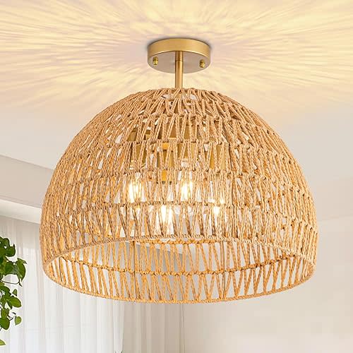 Rattan Ceiling Light Fixture, 4-Light Boho Semi Flush Mount Ceiling Light, 20" Wicker Light Fixture with Handmade Woven Cage Lampshade, Rattan Chandelier for Bedroom Hallway Nursery Kitchen Farmhouse