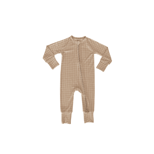 Tan Grid Zipper Romper | 12-18M