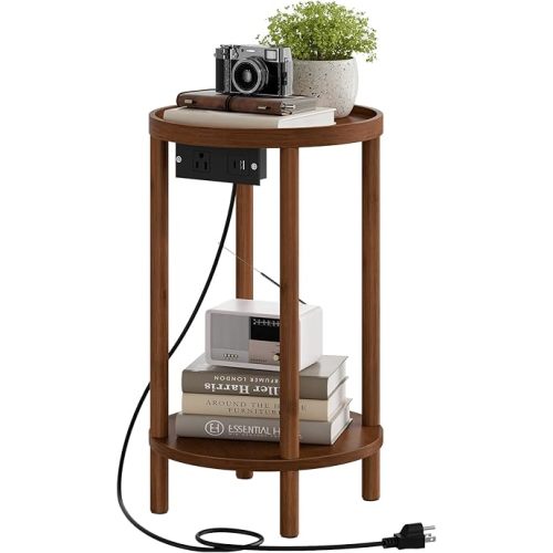HOOBRO Small Round Side Table with Charging Station, 2-Tier Round Bamboo End Table, Compact Sofa Bedside Table, Mocha