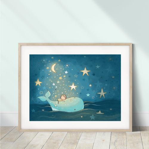 Whimsical Whale Nursery Art Print | Starry Night, Coastal Decor