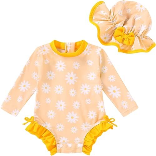 Infant Baby Swimsuit Girl Long Sleeve UPF 50+ Sun Protection One-Piece Rash Guard with Hat Zipper Bathing Suit