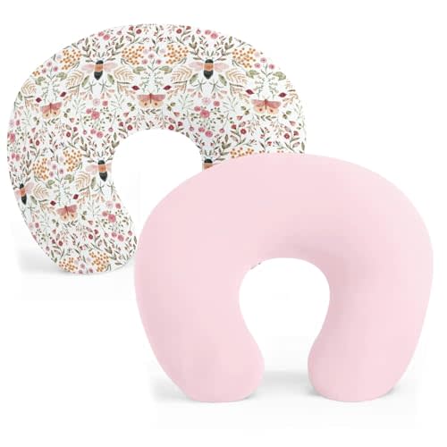 Winmany 2 Pack Newborn Nursing Pillow Covers Baby Feeding Pillow Cover Removable Breastfeeding Pillow Cover for Boys Girls 22.5 x 18 (Pink Butterflies Bees + Pink)
