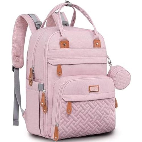 BabbleRoo Diaper Bag Backpack - Baby Essentials Travel Tote Multi function Waterproof Bag, with Changing Pad, Stroller Straps & Pacifier Case Unisex, Pink