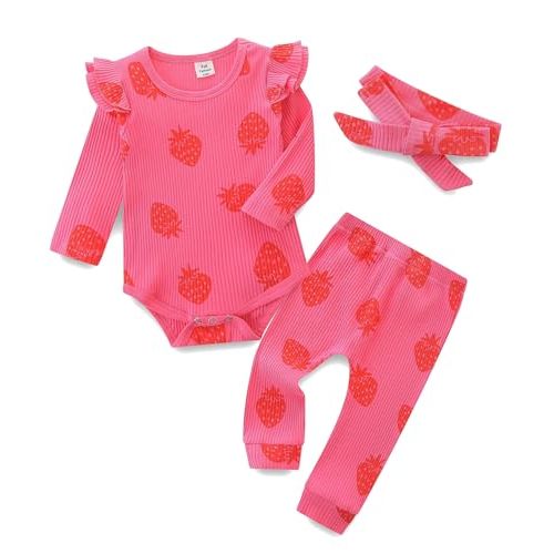 Fullfamous Baby Girl's 3pc Rib Frill Long Sleeve Romper and Pant Set