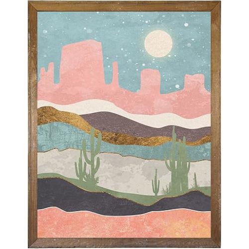 Southwestern Desert Wall Art - Pastel Pink and Teal Poster Picture Prints - Modern Boho Mountain Wall Decor - Green Cactus Room Decor - Textured Nature Art - Abstract Western Artwork for Bedroom 8x10