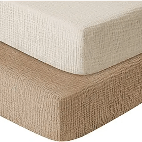 GUNTAIL Muslin Crib Sheets for Boys Girls 100% Cotton Fitted Baby Crib Sheet 2 Pack Soft and Breathable for Standard Crib Mattress & Toddler Mattress 52x28in (Beige & Coffee)