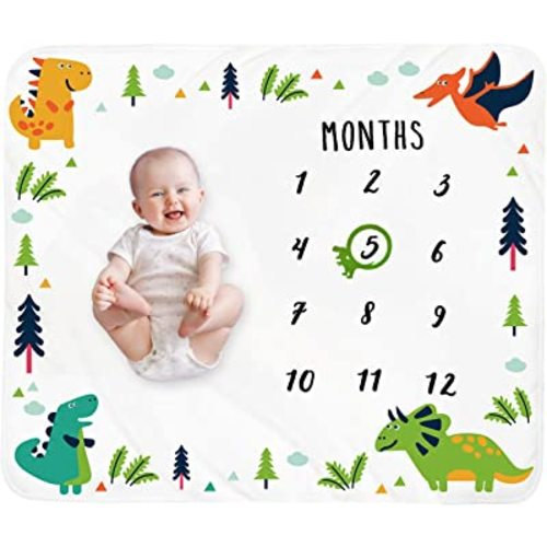 Baby Monthly Milestone Blanket Boy - Dinosaur Neutral Newborn Month Blanket for Boy & Girl Personalized Shower Gift Soft Plush Fleece Photography Background Prop with Frame Large 47''x40''