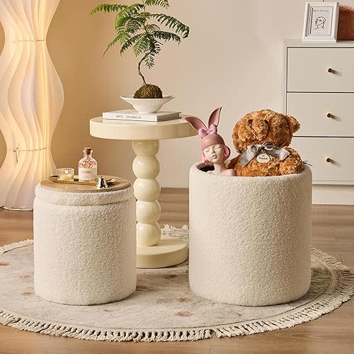 SAYMA Round Set of 2 Ottoman with Storage Sherpa Storage Ottoman Chair Makeup Vanity Stool Chair Multifunctional for Living Room, Bedroom, Dining Room (White)