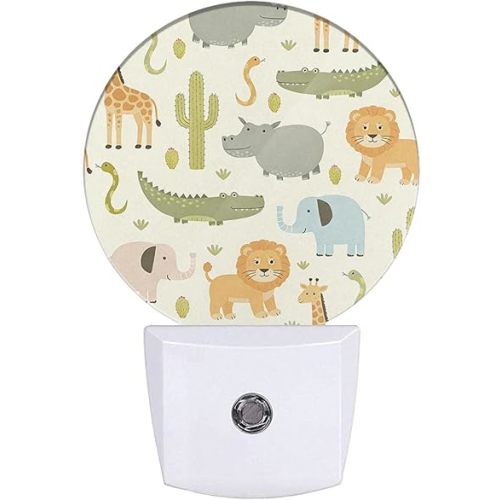 Cartoon Safari Animals Night Lights Plug into Wall Cute Hippo Crocodile Lion Elephant and Giraffe Night Light Auto on/Off LED Lighting Sleep Friendly for Boys Girls
