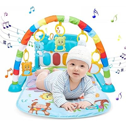 Baby Play Mat for Babies 0-6 Months,Piano Tummy Time Activity Mat with Music,Play Mat for Babies with 5 Linkable Toys Blue-28