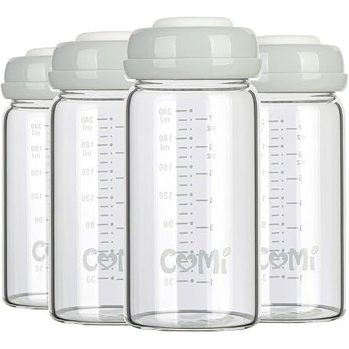 COMI Wide Neck Glass Breastmilk Collection n Storage Bottle, 8oz with Screw Ring Sealing Disk; Re-markable Sealing Disc. BPA Free, Fits Breast Pumps & Nipples (4 Gray Lids)