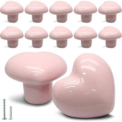 12 Pcs Ceramic Cabinet Knobs Heart Shape Cabinet Pulls Dresser Handles Cute Kitchen Cabinet Knobs, Vanity Knobs Hardware Closet Cupboard Knobs for Bedroom(12Pack,Powder Pink)