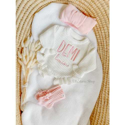Embroidered name baby romper, newborn girl coming home knit ruffle outfit, custom chunky knit ribbed bodysuit, personalized baby shower gift