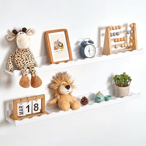 Fun Memories Picture Ledge Shelf for Wall, 36 inch Pine Wood Nursery Book Shelves Set of 2- Wall Book Shelves for Kids Room, Home Decor - Kitchen Spice-White