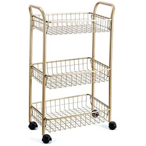MNOPQ 3 Tier Rolling Utility Cart, Storage Trolley Service Cart with Wheels Easy Assembly for Kitchen, Living Room,Office,Salon, Champagne Gold