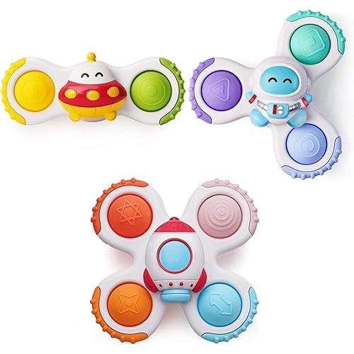 LiKee Strong Suction Cup Fidget Rotating Sensory Bath Toys for Baby 12 18 Months Airplane Car Travel Table & Window Toys for 1 2 Years Old Toddler Boys and Girls (Space-1)