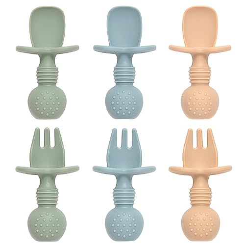 Eascrozn Baby Spoons and Forks Feeding Set, 6 Pack Silicone First Stage Self Feeding Toddler Utensils, BPA Free, Baby Led Weaning Supplies for Training Spoons
