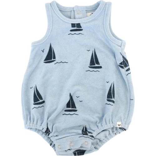 Denim Sailboat Print Terry Bubble, Sky Blue - oh baby! Rompers | Maisonette