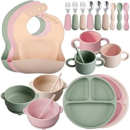 24 Pack Silicone Baby Feeding Set Baby Led Weaning Supplies Includes Suction Divided Plates Soft Bowl Spoons Forks Adjustable Bib Snack Cup and Straws for Baby (Dark Green, Beige, Light Pink)