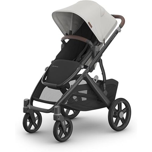 UPPAbaby Vista V3 Stroller - Full-Size Single-To-Double Stroller System - Toddler Seat, Bug Shield, Rain Shield, and Storage Bag Included - Savannah (Pearl Gray Jacquard/Carbon Frame/Chestnut Leather)