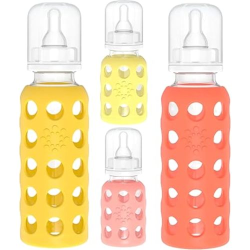 Lifefactory Glass Baby Bottles with Silicone Protection - 4-PACK, 4 oz/9 oz Bottles, (1- Banana, 1- Mango, 1- Cantaloupe & 1- Papaya)