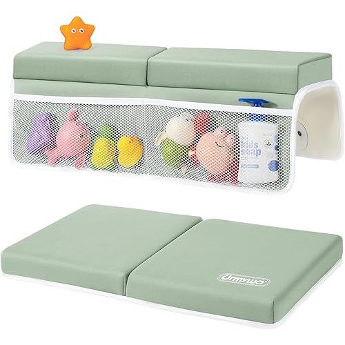URMYWO Bath Kneeler and Elbow Rest Pad Set - 1.5" Thick Baby Bath Kneeler Pads with Toys Organizer, Anti-Slip Cozy Knee & Arm Support Bathtub Mat, Quick Dry Kneeling Pad for Baby Bath Time