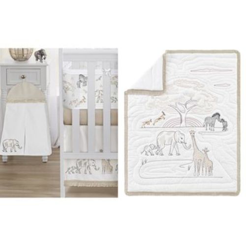 Sweet Jojo Designs 6p Gender Neutral Unisex Crib Bedding + BreathableBaby Breathable Mesh Liner Anti Bumper Pad Serengeti Animals Beige White