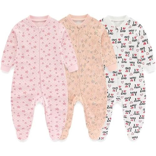 Newborn Baby 2-way Zipper Romper Cotton One-piece Jumsuit 3-pack, 0-24 Months