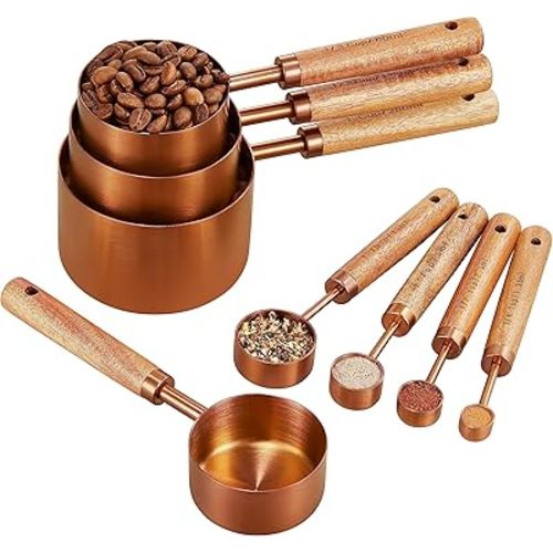 Copper Stainless Steel Measuring Cups and Spoons Set of 8, Wooden Handle, US Measurements, Metric Cups and Spoons for Cooking and Baking