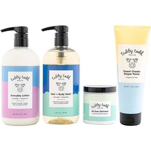 TUBBY TODD Baby Bath & Skincare Kit - The Baby Bundle - Baby Shampoo and Body Wash, Everyday Lotion, All Over Ointment & Diaper Paste Cream Gift Set - Full Size Lavender Rosemary