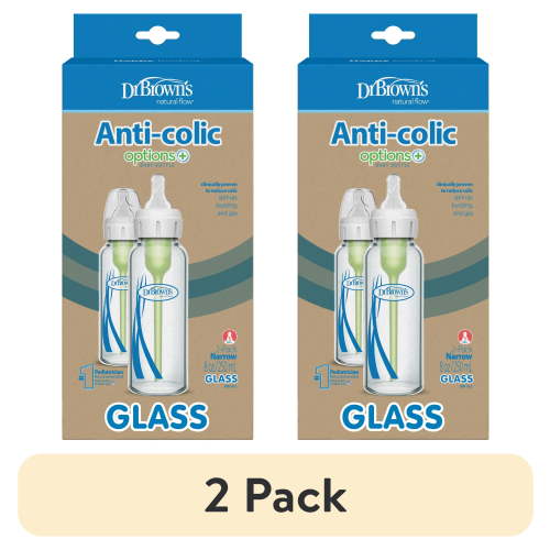 (2 pack) Dr. Brown's Anti-Colic Options+ Narrow Glass Baby Bottle, 8 oz/250 mL, with Level 1 Slow Flow Nipple, BPA Free, 0m+, 2 Pack