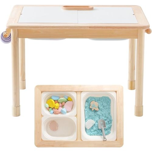 IEATFO Rubber Wood Montessori Sensory Table - 3 Foldable Storage Bins, Reinforced Frame, Height Adjustable Children's Table - Multifunctional Kids Activity Table Promotes Sensory Experiences & Growth