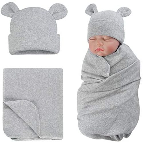 Pesaat Cotton Baby Swaddle Hat Set Newborn Infant Hats Receiving Blankets for Baby Boys Girls (Gray, 0-6 Months) - Gray(swaddle&hat)