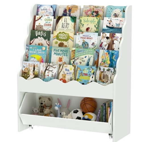 VicTsing 5-Tier Wooden Book Shelf, Large Size Kids Bookshelf and Toy Organizer, Toy Storage Drawer with Wheels for All Ages Boy and Girl, Toddler Scalloped Book Shelf for Kids Room Playroom Nursery