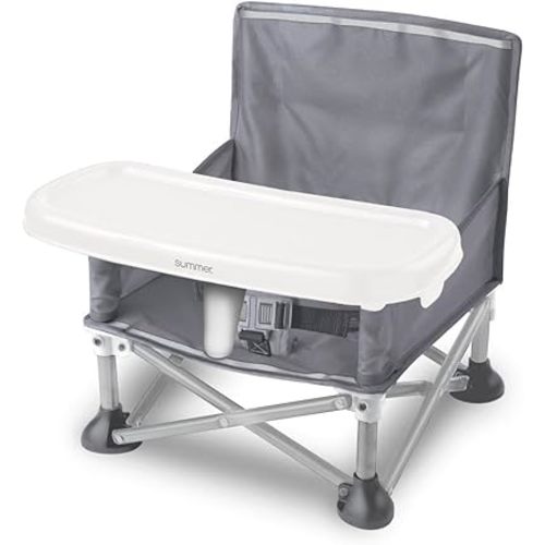 Summer by Bright Starts Pop 'N Sit Portable Booster Chair, Floor Seat, Indoor/Outdoor Use, Compact Fold, Grey, 6 Mos - 3 Yrs