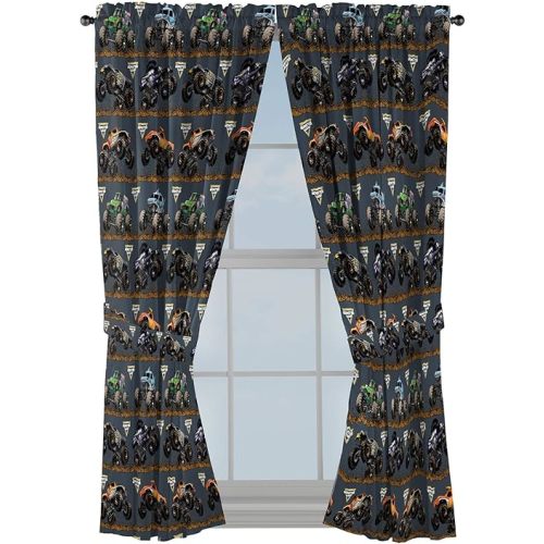 Jay Franco Kids Window Drapes - 4 Piece Curtain Set Includes 2 Tiebacks, Beautiful Bedding Room Décor and Easy Set Up, Black - Monster Jam, 63 Inch