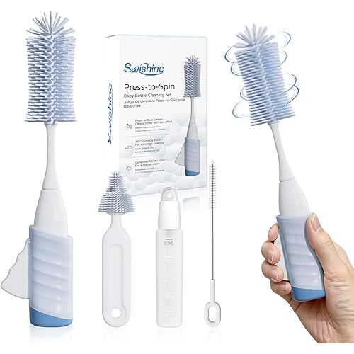 Baby Bottle Brush Set, Innovative Press-to-Spin Brush Cleaner - Includes Silicone Bottle Brush, Nipple Brush, Straw Cleaner, Soap Dispenser - Spinning Generates Rich Foam for Easy Cleaning