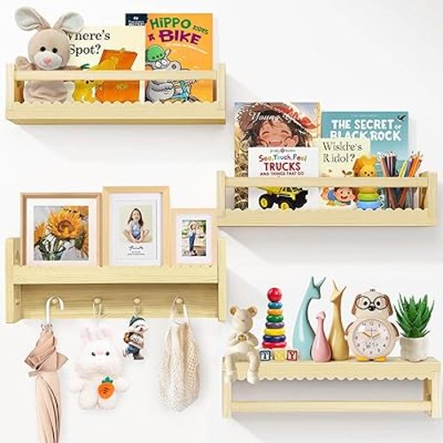 Idefair 16.5 Inch Floating Nursery Book Shelves Set of 4, Kid's Bookshelf for Wall, Natural Wood Toddler Room Decor and Storage Hanging Organizer