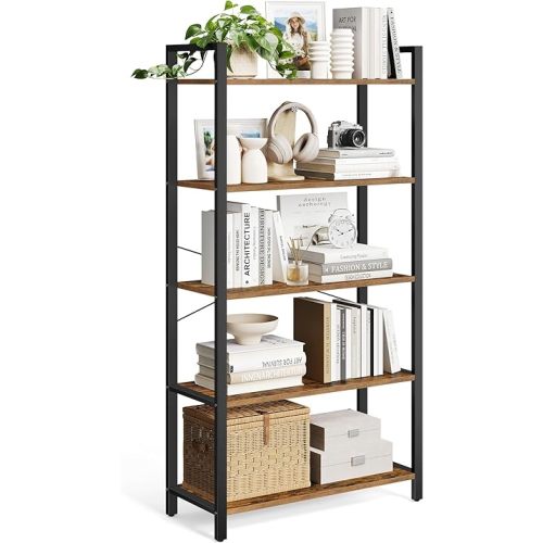 VASAGLE 5-Tier Bookshelf, Bookcase with Steel Frame, Book Shelf for Living Room, Home Office, Study, 11.8 x 31.5 x 60.2 Inches, Industrial Style, Rustic Brown and Ink Black ULLS081B01
