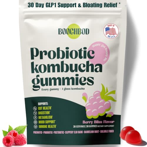 BoochBod - Probiotic Kombucha Gummy - Prebiotics, Probiotics, Postbiotics, Fiber Supplement, Slippery Elm, Dandelion Root, MCT Oil, for Bloating, Gut Health - Probiotics for Women, Probiotics for Men