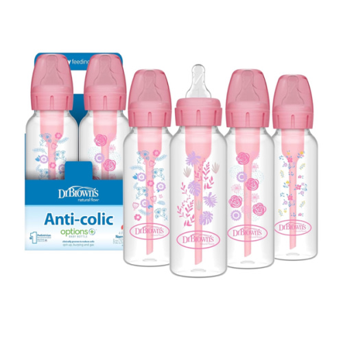 Dr. Brown's Natural Flow Anti-Colic Options+ Narrow Baby Bottle, Pink Floral, 8 oz/250 mL, with Level 1 Slow Flow Nipples, 0m+, 4 Pack