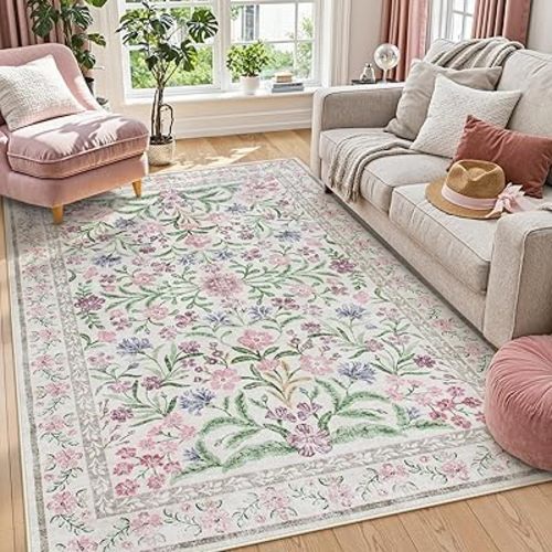 Lahome Boho Purple Floral 5x7 Area Rugs, Machine Washable Area Rugs for Living Room Bedroom, Soft Non-Slip Lavender Nursery Carpet for Kids Room Girls Playroom, Pale Lilac/Pink
